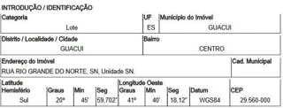 Imóvel 1809399 ['10184277'] - ['RUA RIO GRANDE DO NORTE,N. 00, CENTRO - CEP: 29560-000, GUACUI - ESPIRITO SANTO'] ['Centro'] - ['Guaçuí']/['ES'] - 1